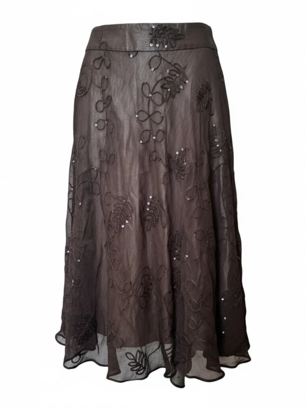 Anne Klein NEW Y2K 100% Silk Sheer Embroidered Sequin Midi Skirt Brown 4 Boho - Picture 4 of 16